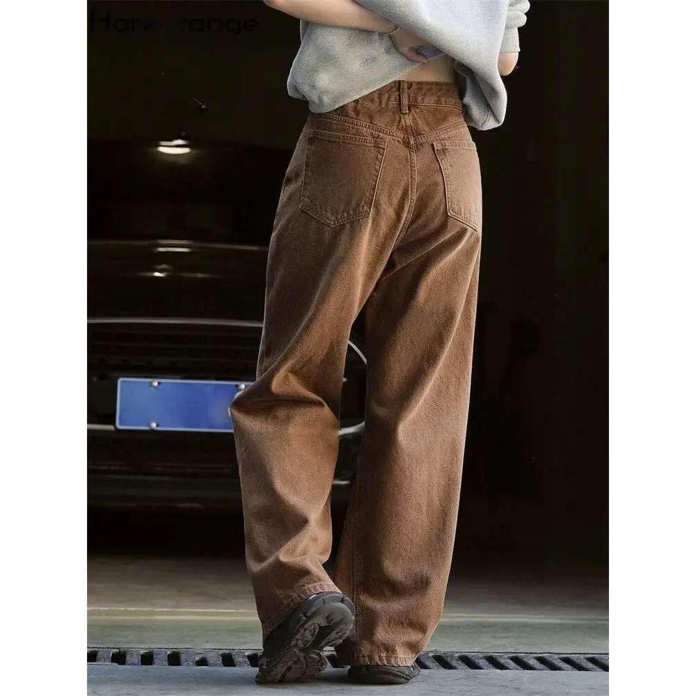 2024 Winter Vintage Casual High Waist Straight Jeans Women Warm Thickened Denim Pants Female Coffee Retro