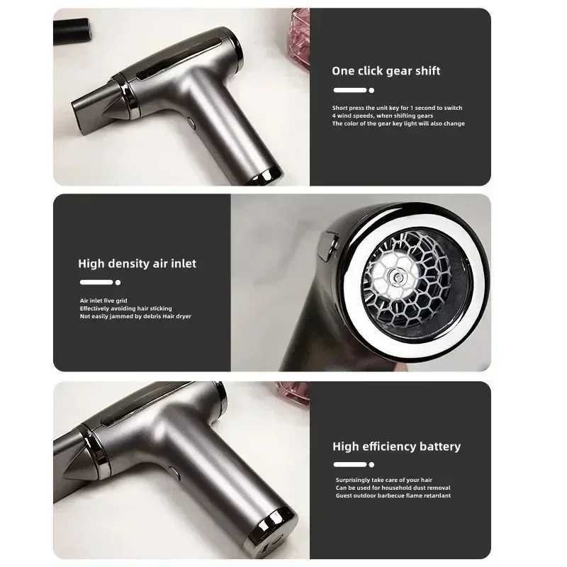 High Speed 000RPM 4 in Wireless Hair Dryer Multifunctional Air Duster Travel USB Rechargeable Only Cold Wind Blow Dryer W250220