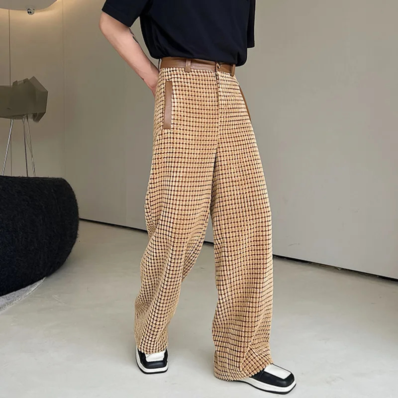 IEFB Spring Korean Chic Male Set Corduroy PU Leather Spliced Two-piece Shoulder Pad Blazer Straight Pants Men Wear 250220