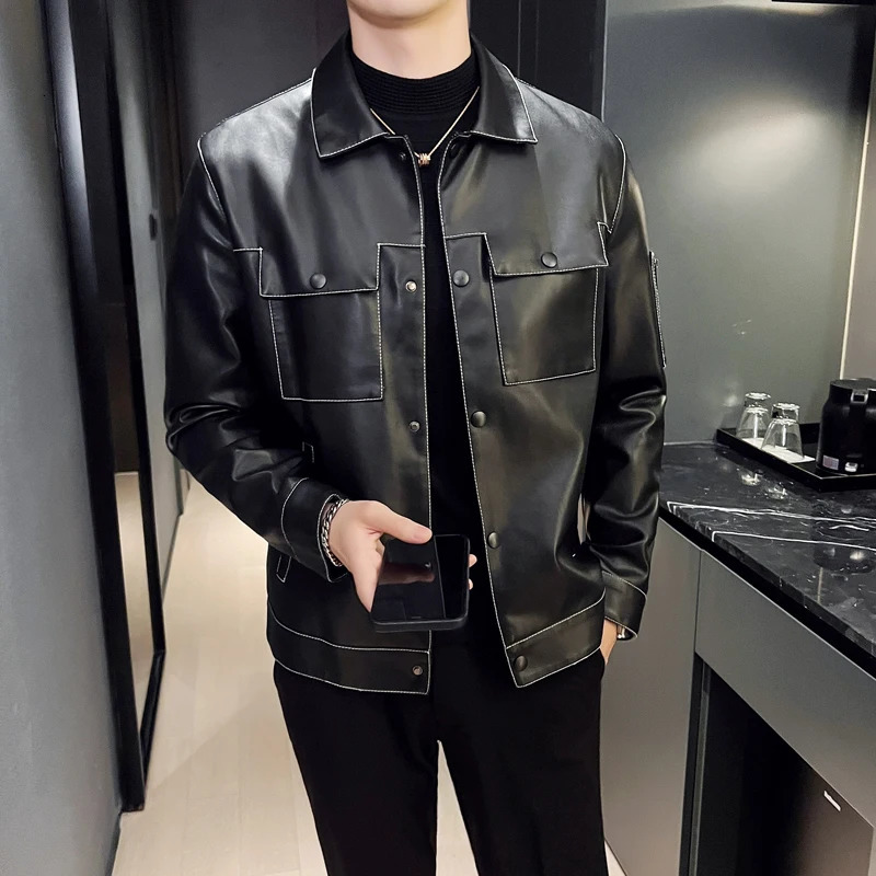 Spring Autumn Cool Motorcycle Leather Jacket High Quality Men Warm Waterproof Lapel Basic Coat Business Casual Cardigan Tops 250210