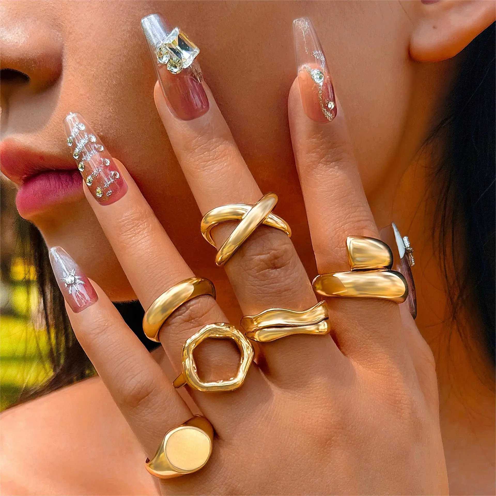 6-piece/set gold smooth Geely open ring set for Exaggerated metal iris thick and thick rings jewelry gifts X250220