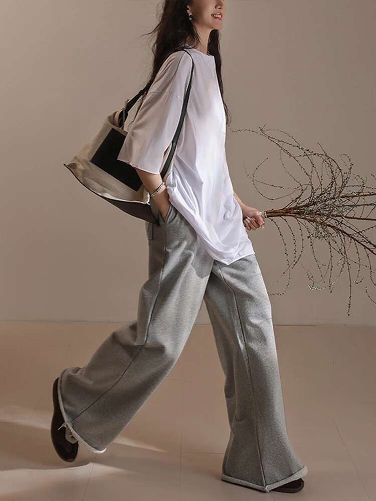 Women's Pure Cotton Wide Leg Pants For Women High Waist Pockets Design Solid Color Casual Trousers Female 26Z1185