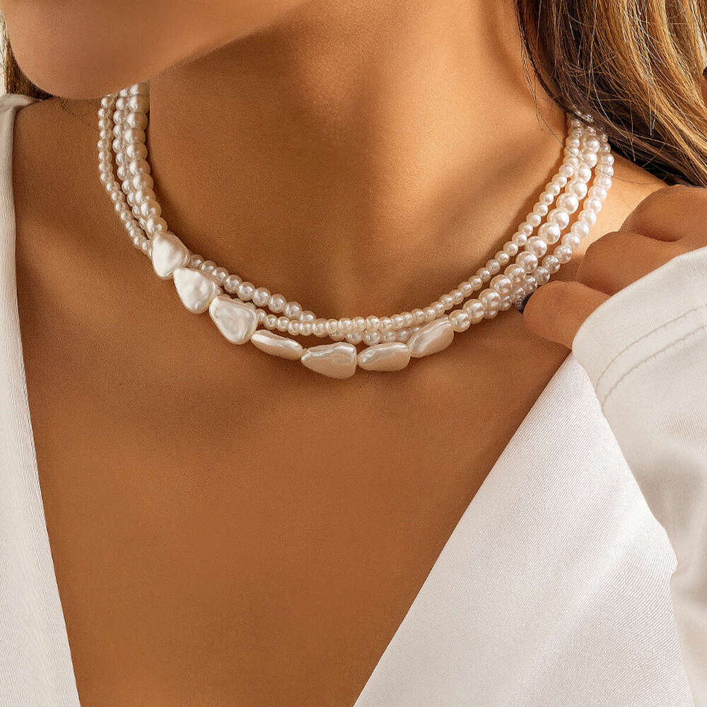 Jewelry imitation pearl layered woven Baroque necklace, niche round bead chain, versatile necklace