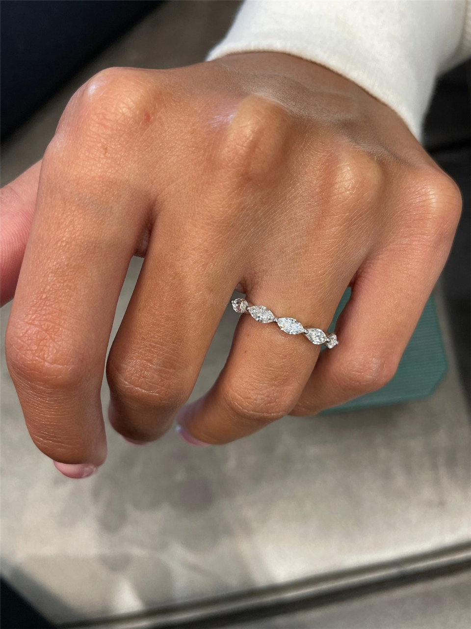 Jewelry 18K White Gold HPHT Diamond Ring 6*3mm Marquise Cut Lab Diamond 5 Eternity Band Womens Stackable Wedding Band RIng