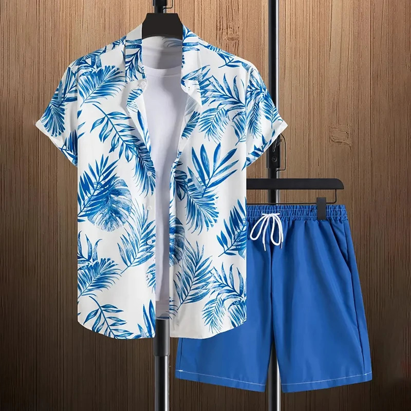 Fashionable floral plant print mens shirt short sleeved 2piece summer beach casual loose shorts top Hawaiian style suit 250220