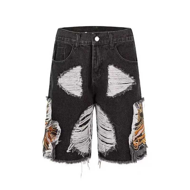 New Hip Hop Gothic Ripped Denim Shorts for Men and Women Casual Baggy Sweatpants Oversized Letter Embroidered Five Quarter Pants X250220