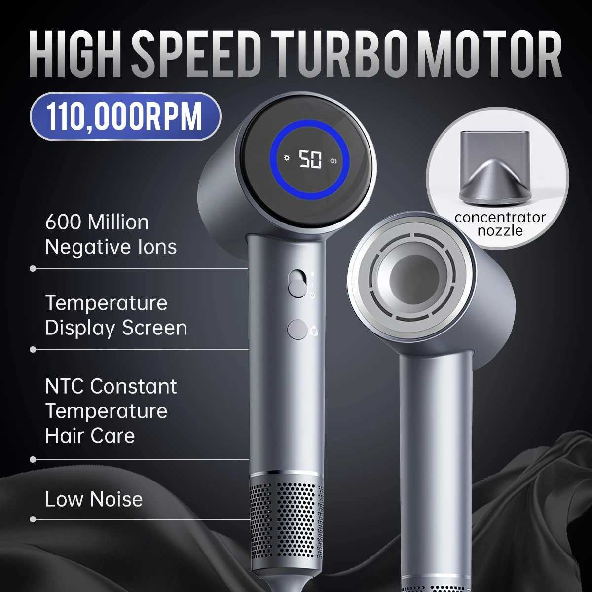TQ-D3 High Speed Negative Ion Hair Dryer Professional Quick Dry Hair Care Temperature Display Low Noise Anion Purple Gray W250220