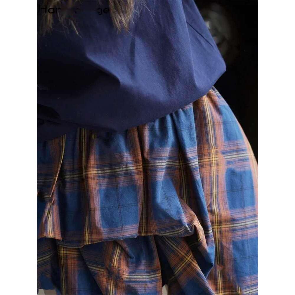 2025 Spring Summer Workwear Folding Grid Mini Reduced Age 100% Cotton Plaid Skirt Red Blue/Orange Blue