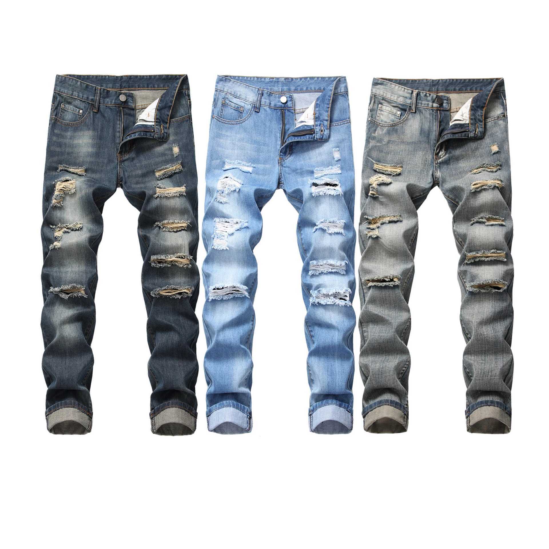 Fall New Mens Wear Ripped Straight Fit Stretchless Jeans Fashionable Blue Casual Social Hip Hop Party High Quality Denim Pants X250220