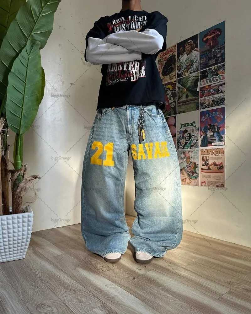 Trendy Brand Retro Streetwear Trousers Y2K Harajuku Hip-hop Casual Loose Straight Pants Men Goth Punk Letter Print Baggy Jeans X250220