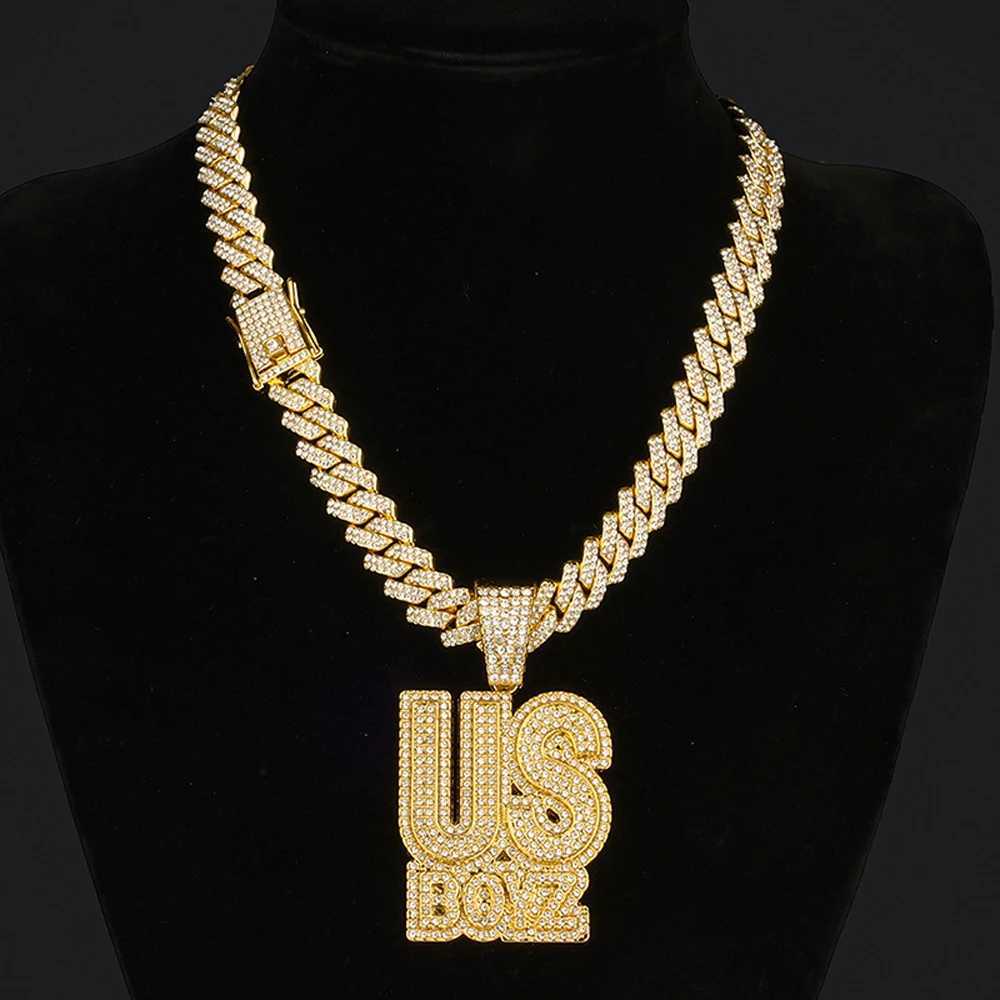 Mens Rhinestone US Boys Letter Pendant Necklace With 13mm d Out Bling Square Cuban Chain Charm Fashion Hip Hop Men JewelryXJ250219