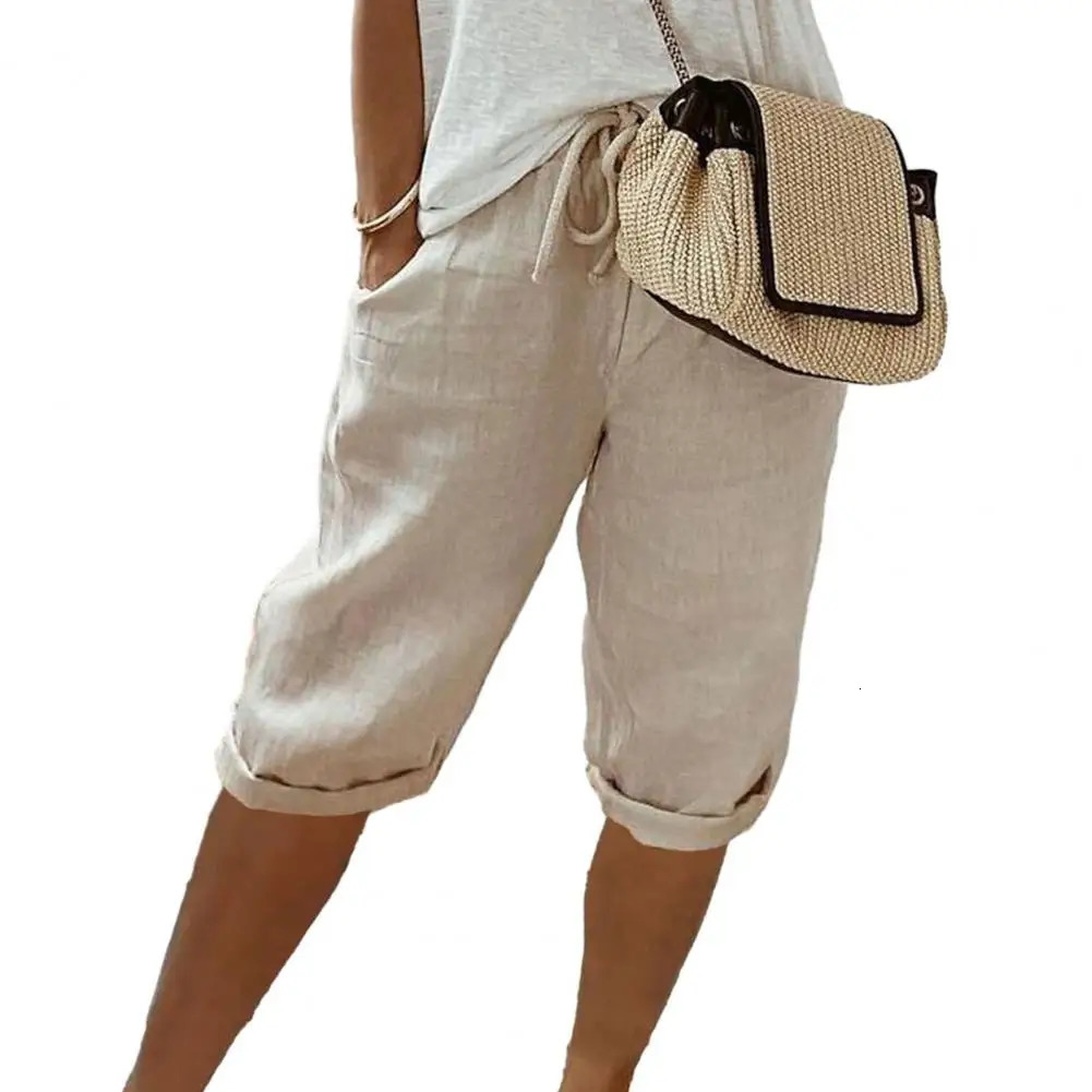 Womens Shorts Vintage Style Loose Drawstring Kneelength Pants for Ladies Breathable Elastic Waist with Pockets A Wardrobe 250214