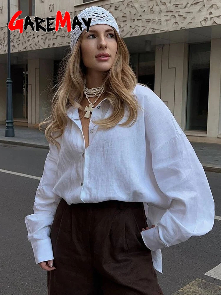 White Womens Linen Shirt Long Sleeve Elegant Pink Oversize Blouse Vintage Spring Basic Top Collar Cotton for Women 250219