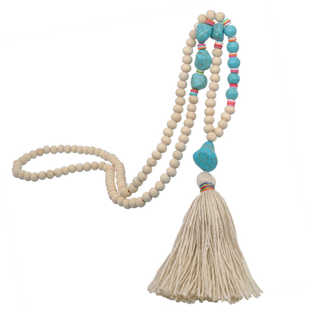 Pendant Necklaces Wooden Beaded Tassel Necklace womens Handmade Bohemian Peace Symbol Pendant sweater chain H25219