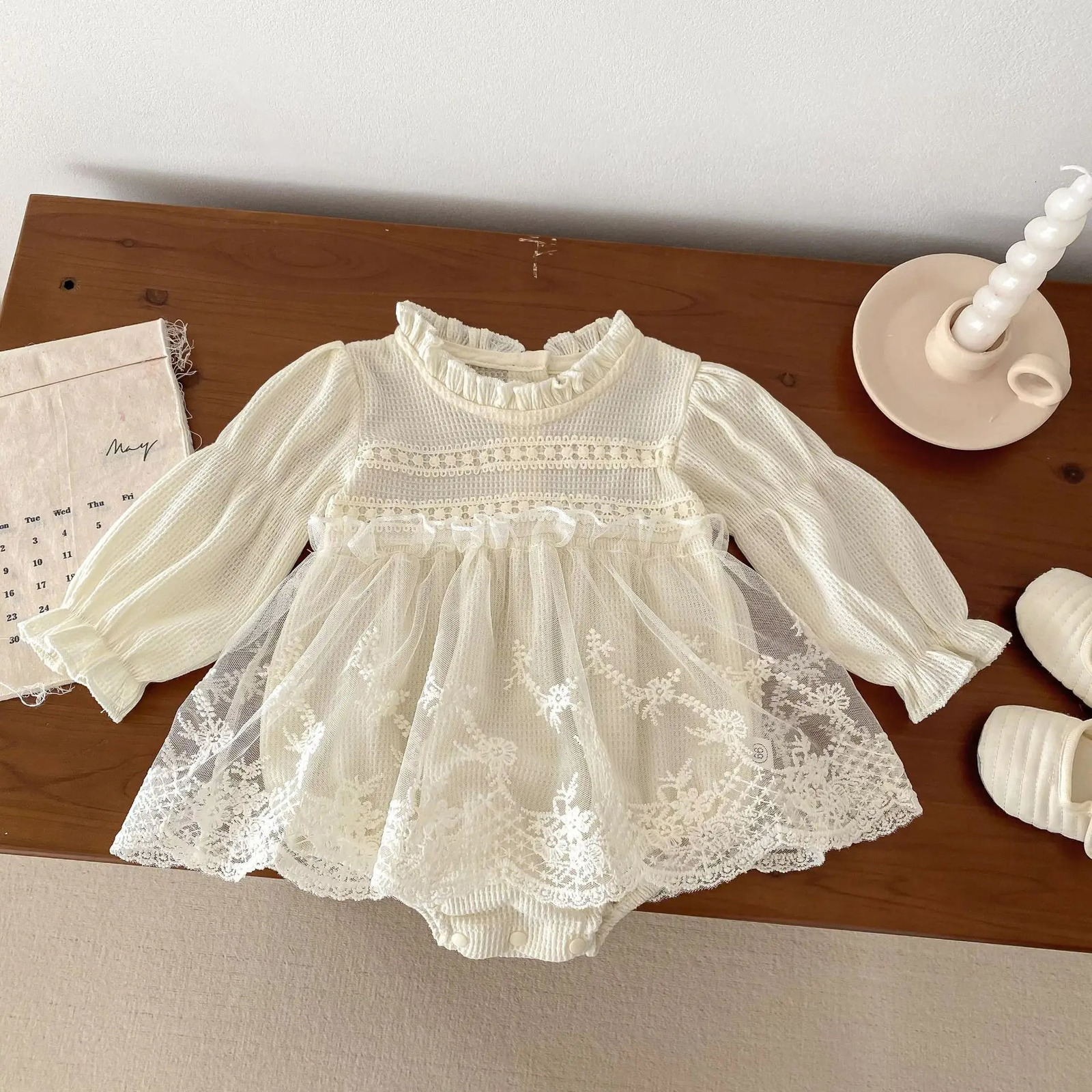 Autumn Spring Toddler Girls Lace Romper Infant Sleeve Full Moon Princess Mesh Creeper Girl Sweet Dress 250117