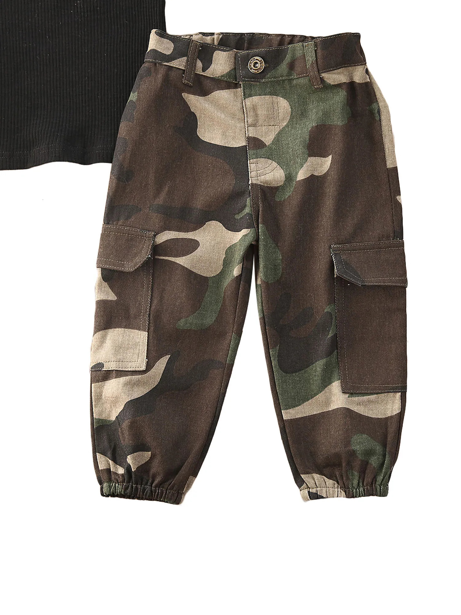 2Pcs Toddler Girl Outfit Set Boat-Neck Crop Top with Short Sleeves and Camouflage Pants for Summer Wear 250219