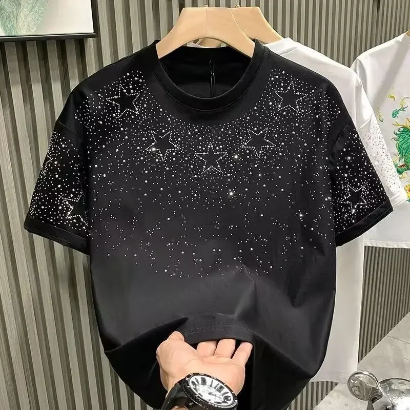 Summer Rhinestone Rivet T-shirt for Men Clothing Round Neck Casual T-shirt Fashion High Street Mens Summer Short Sleeves 250220