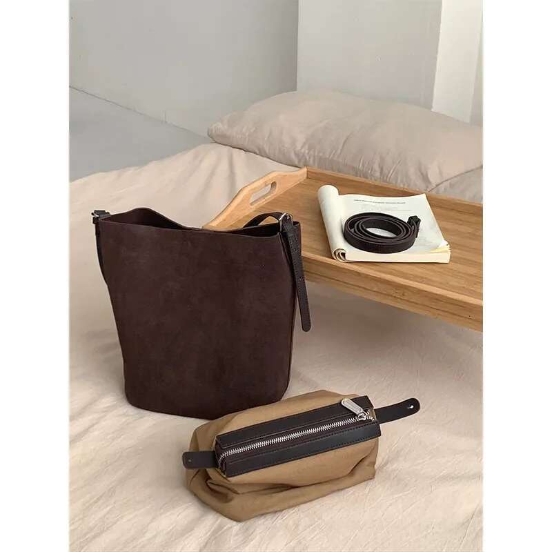 Newest Suede Leather Women Retro Bucket Bags High Quality Female Commute Tote Soft Cowhide Simple Shoulder Crossbody Bag