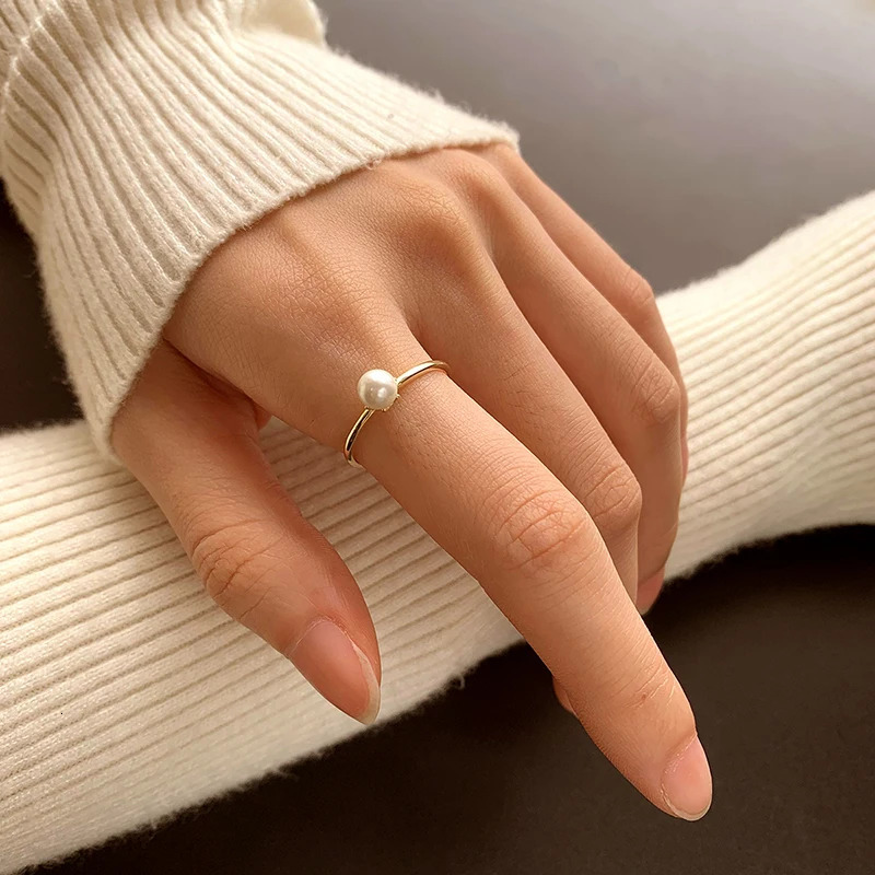 Fashionable Simple and Versatile Genuine S925 Silver 14K Gold Small Pearl Plain Ring Classic Style Ring 250213