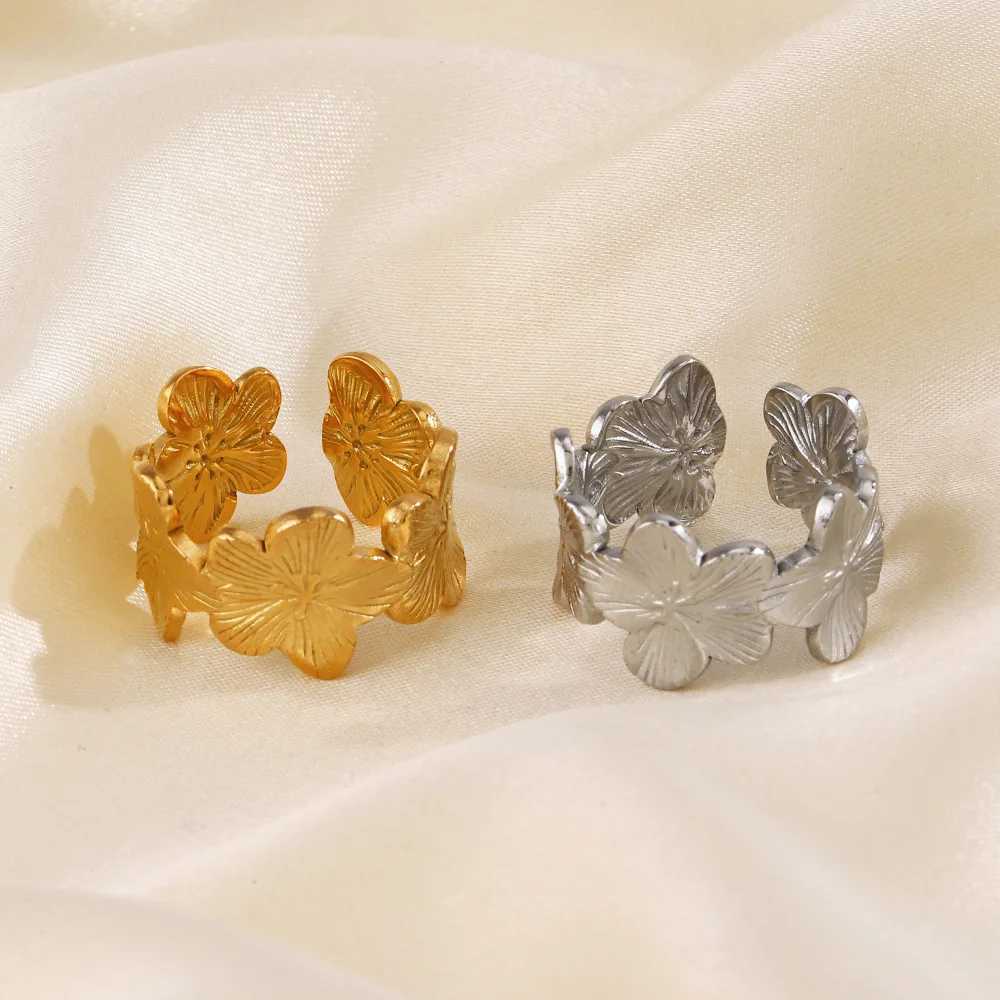 Stainless Steel Flower Adjustable Opening Rings 18k Gold PVD Plated Waterproof Finger Jewelry For Wen Wedding Exquisite Gifts X250220