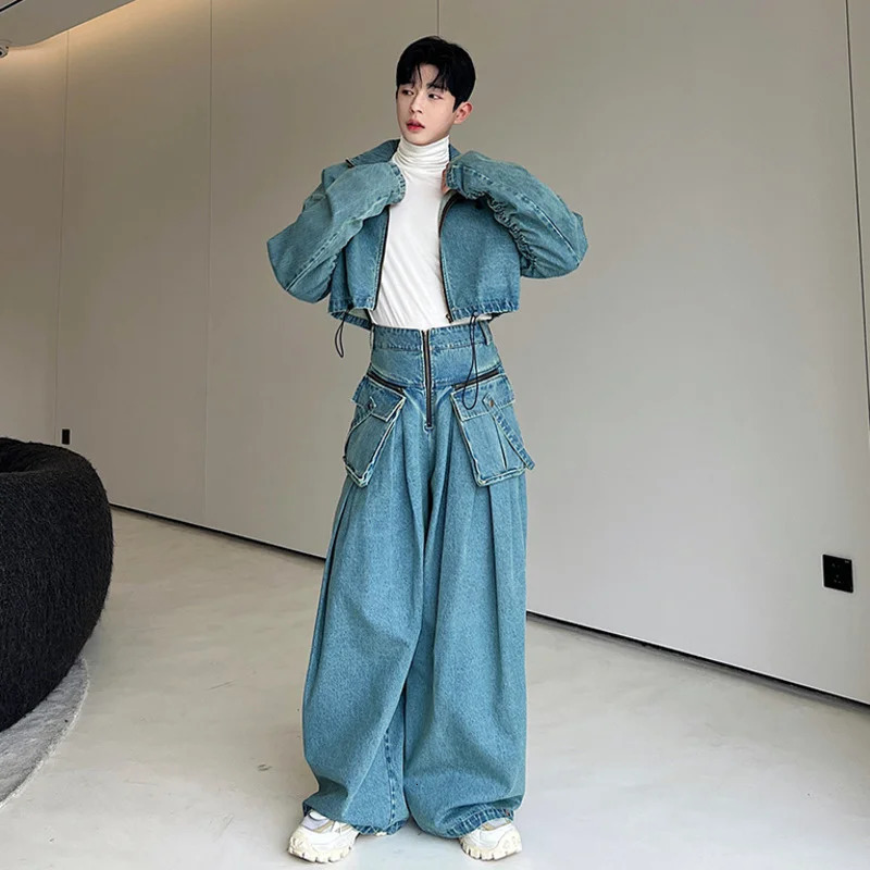 IEFB Two-piece Trendy Zipper Short Jacket Wide Leg Trousers Big Pocket Autumn Mens Wear Personality Denim Pants Set 9C1543 250220