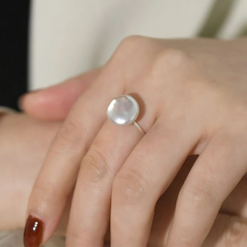 100% Natural Bright FreshWater Round Button Baroque Pearl Ring S925 Sterling Silver Simple Adjustable Ring Ladies Exquisite Gift 250218