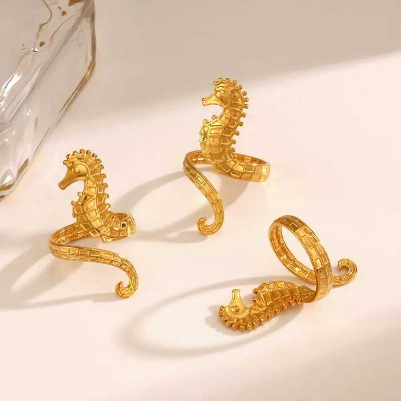 Stainless Steel Gold Color Seahorse Rings for Wen Men Minimalist Metal Adjustable Open Rings Waterproof Stylish Jewelry Femme X250220