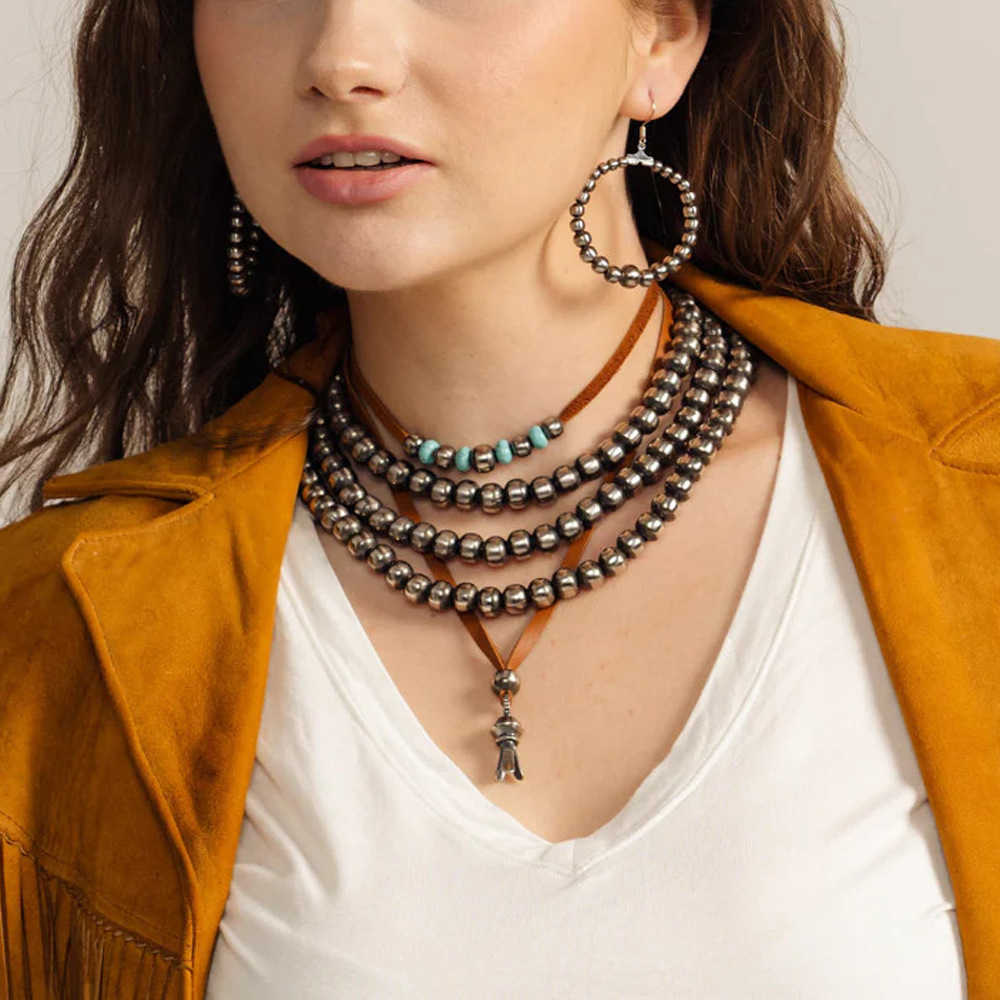 Pendant Necklaces Navajo style antique brushed tin CCB round bead necklace popular Western style jewelry for womens niche market H25219