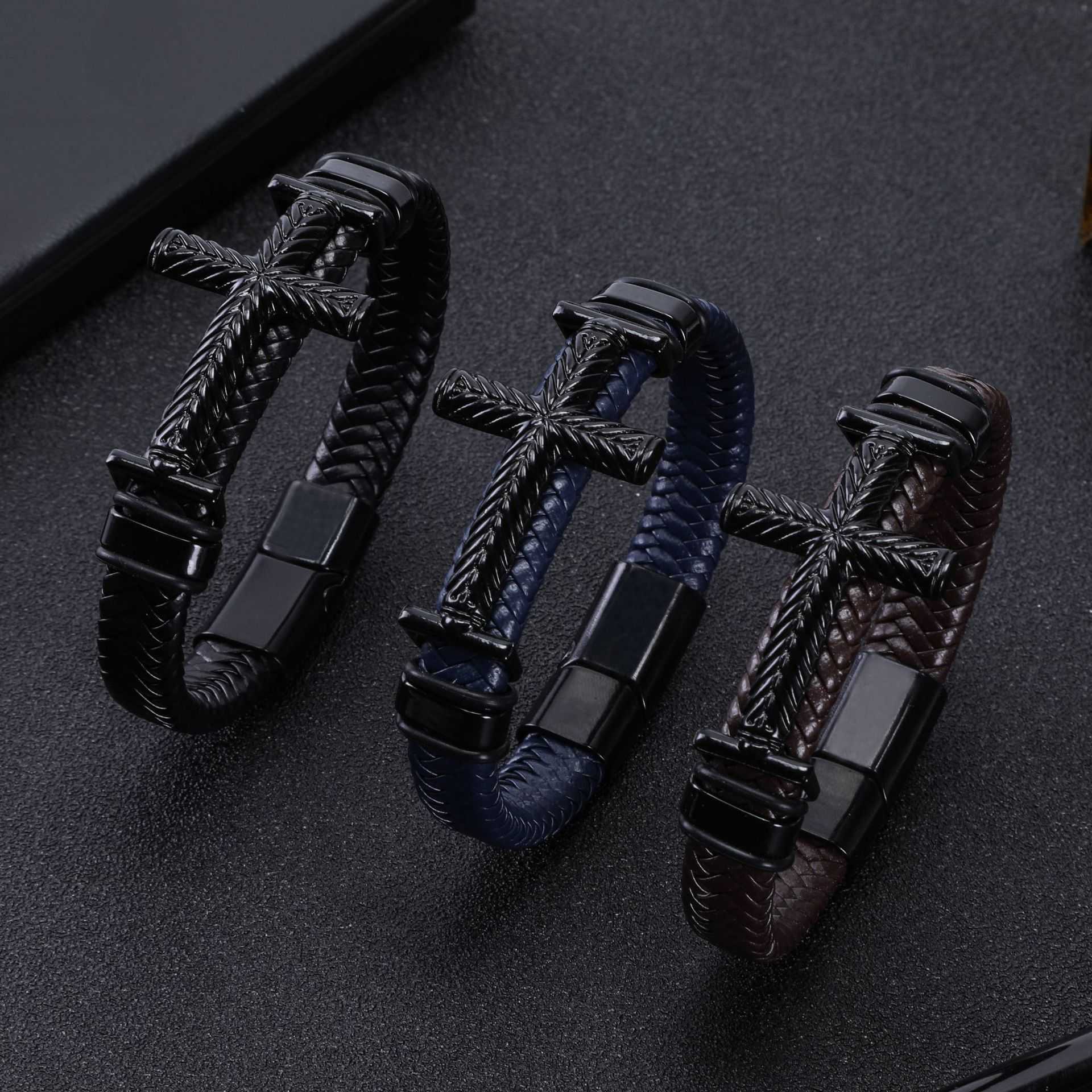 Charm Bracelets Bracelet new fashion cross mens creative bracelet woven cowhide magnetic buckle bracelet H25220