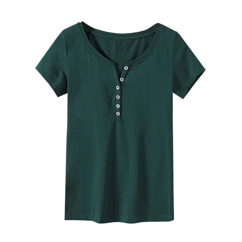 Summer New Casual V-neck Tshirt Nail Buckle Short Sleeved Women's T-shirts Slim Fit Cotton Simple Solid Color Tops Fashionable Designer T Shirt