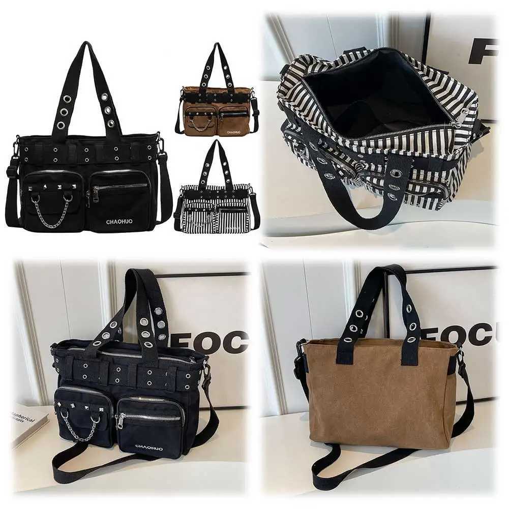 Women Rockabilly Shoulder Bag with Chain Canvas Tote Handbag Zipper Closure Punk Style Sling Bag Female Outdoor Bag Y250218