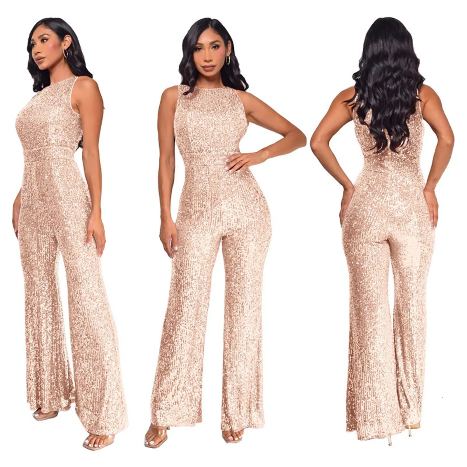 Women's Sequined Jumpsuit - Sleeveless High Waist Romper with Straight Leg Pants | Elegant Party & Nightclub Outfit
