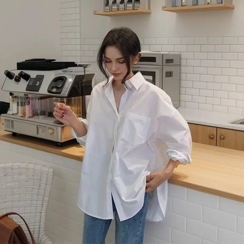 Spring In Minimalist Full Sleeve Women White Basic Shirt Korea Style Button Up Pocket Oversize Woman Blouse Clothing 250219