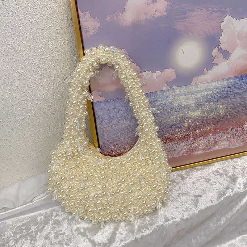 Sweet, fresh, cute, simple, casual, pearl crystal bead fashion, niche design, handbag, shoulder bag, underarm bag 250215