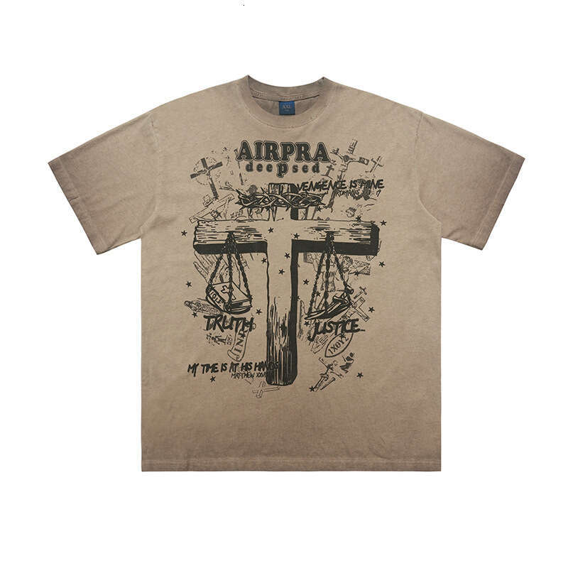 Lawfoo American Trendy Brand Anti Stir Fried Grinding Edge Cross Printed Cotton Short sleeved T-shirt Men's Women's Bottom Top for Autumn an