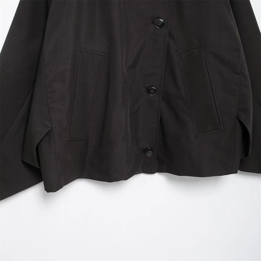 autumn womens casual slim fit long sleeved pocket button solid color hooded short windbreaker 250219