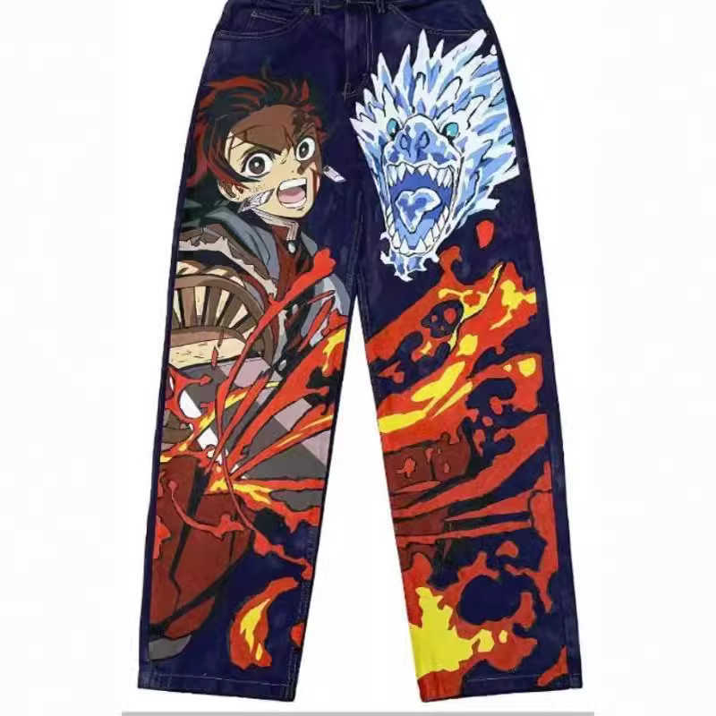 Women's 2023 American Street Graffiti Cartoon Printed Jeans Mens Trendy Funny Fashion Straight Wide Leg Pants H25220 Z260313