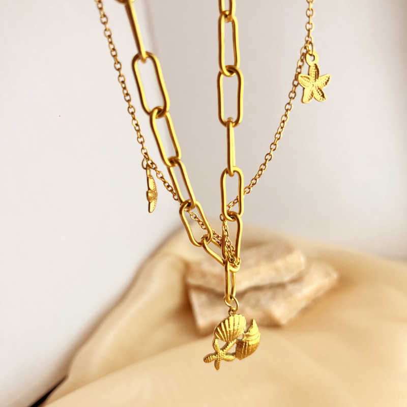 Pendant Necklaces Summer New Double layered Ocean Pendant Necklace Stainless Steel Plated 18K Gold Shell Conch Beach Jewelry H25219