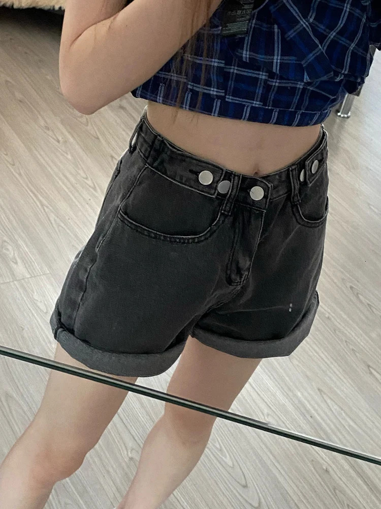 FTLZZ Summer Women High Waist Button Wigh Leg Jeans Shorts Casual Female Loose Fit Blue Denim Shorts 250219