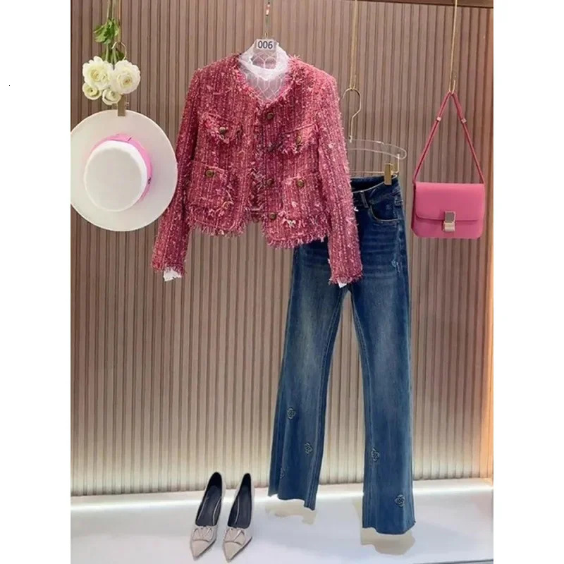 Pink Boucle Jacket Womens Outerwear Autumn Winter French Style Small Size Friendly Crew Neck Pattern Type Other 250214