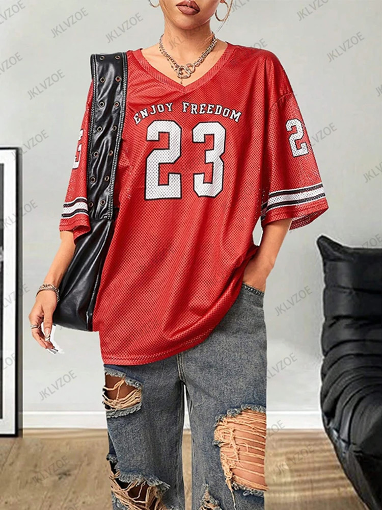 Summer Black Enjoy Freedom 23 Print TShirt For Women VNeck Short Sleeve Mesh Sports Football Jersey Y2K Oversized Tops 250214