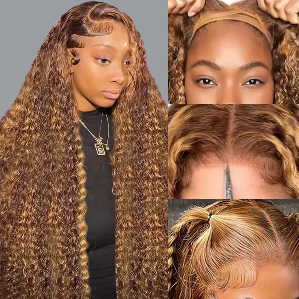200% Brazilian Curly Wigs 13x4 Glueless Highlight Wig Human Hair Ready To Wear Ombre Colored Water Wave Synthetic Wig for Women