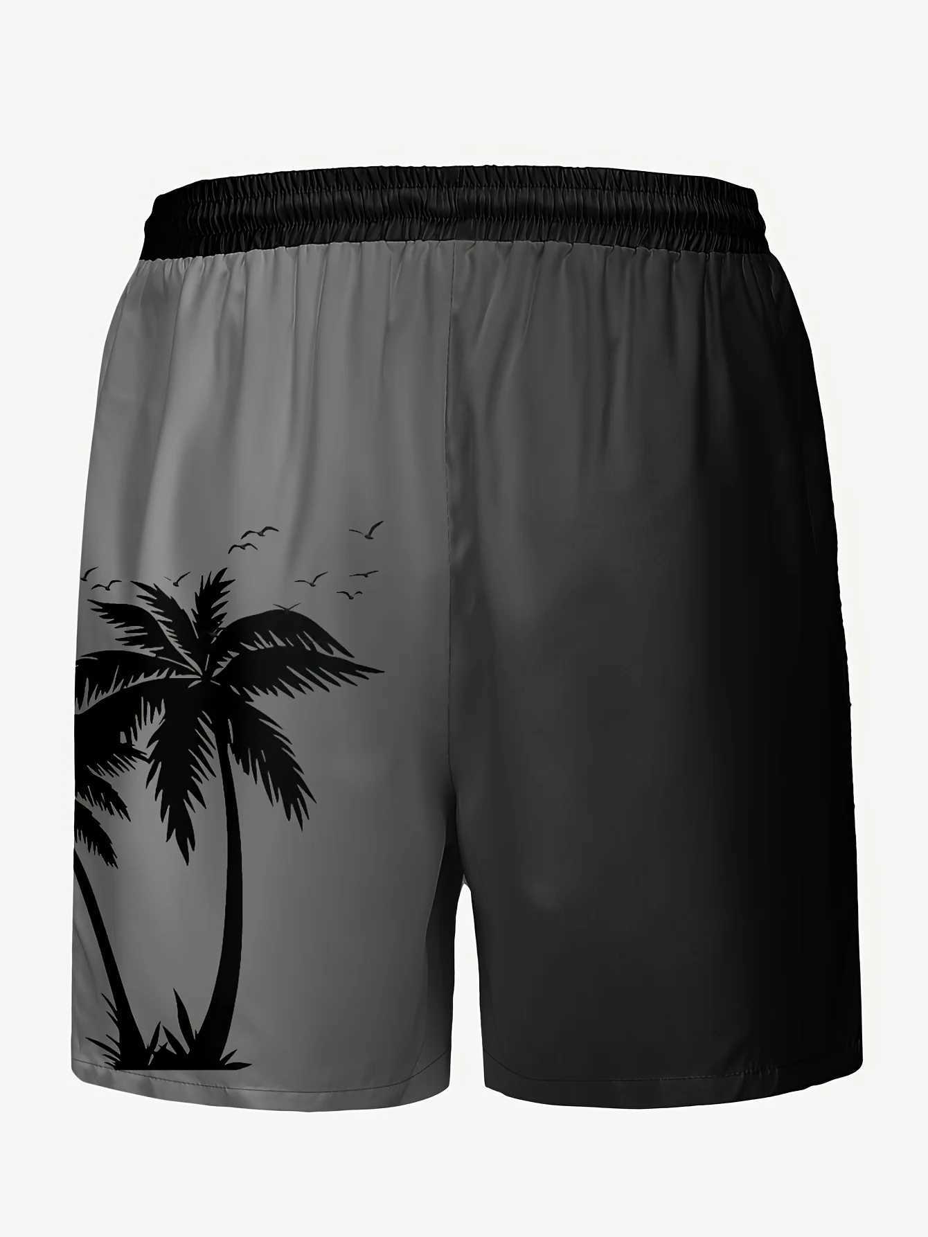 Coconut tree pattern mens casual color block waist shorts with pockets suitable for sports vacation beach pants sweatpants X250220