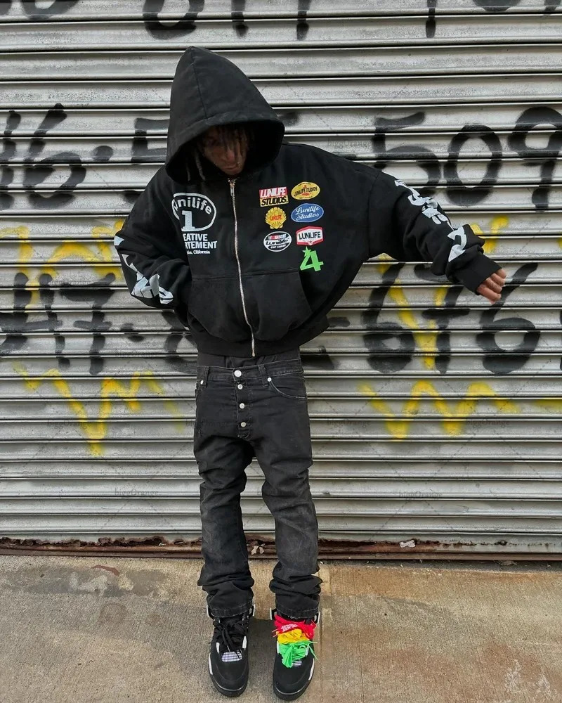 Trend Harajuku Streetwear Jacket American Retro Badge Printed Zipper Hoodie Men Hiphop Punk Casual Oversized Sweatshirt 250219
