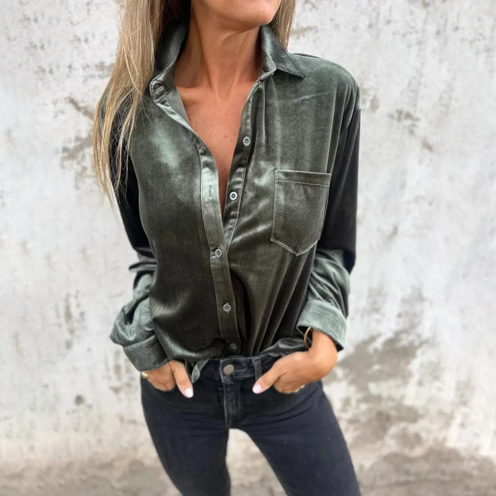 Autumn Vintage Velvet Blouses For Women Y2k Style Button Down Shirts Solid Color Streetwear Blouse Long Sleeve Loose Fit 250219