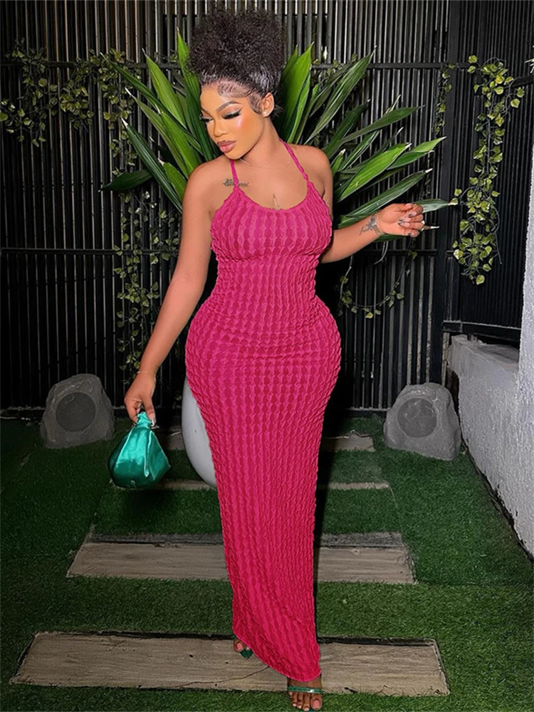 Kliou Solid Ruched Spaghetti Strap Bandage Maxi Dress Women Casual Sleeveless Backless Bodycon Ladies Party Streetwear Dresses 250219