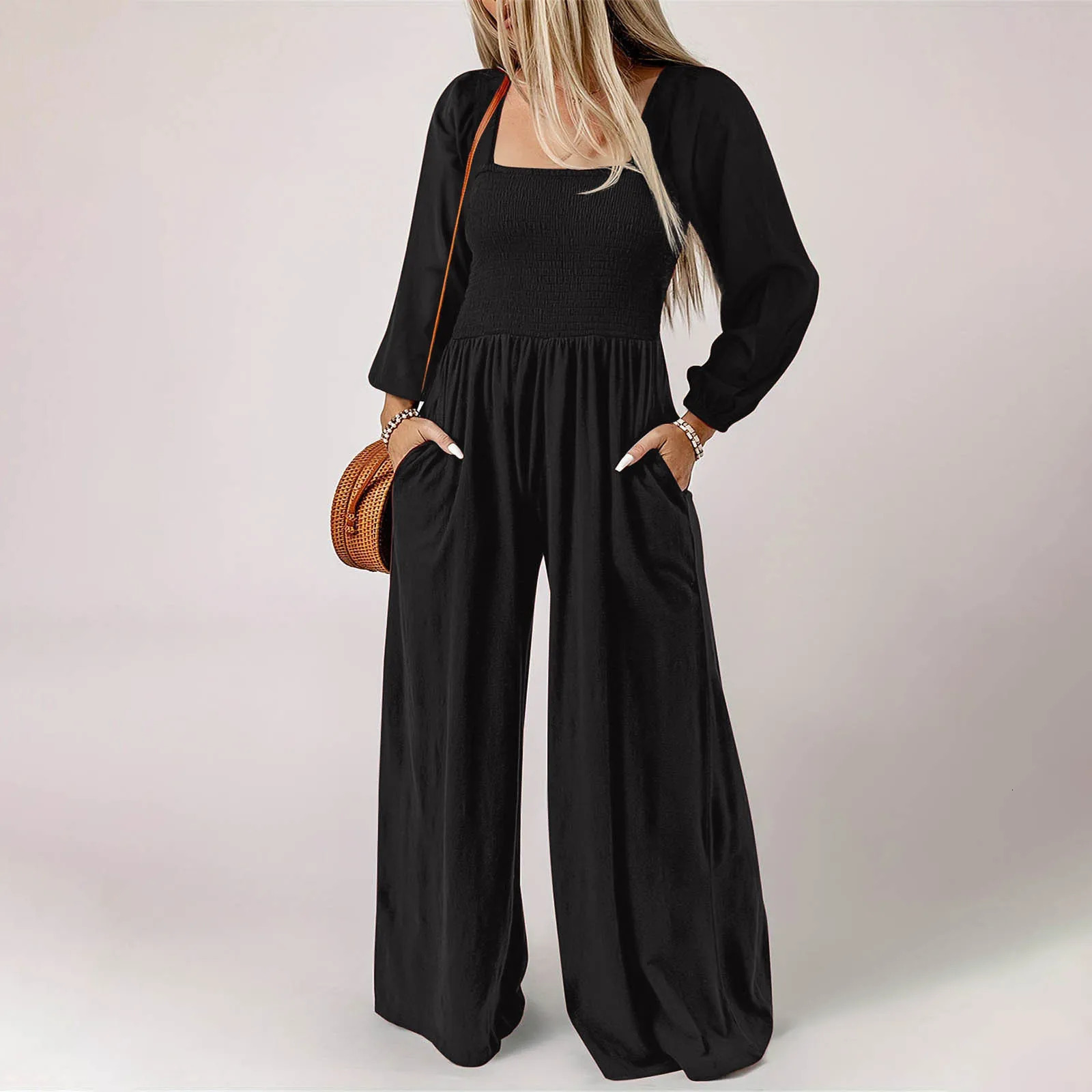 Womens plus size autumn long sleeved jumpsuit casual fashion tight fitting loose pleated wide womens elegant high-quality jumpsuit 250220