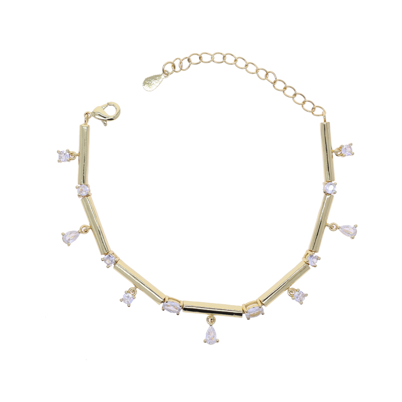 Latest Style Gold Color Geometric White CZ Drop Charm Bracelet Bar Bamboo Link Chain for Women Trendy Fashion Jewelry Gift
