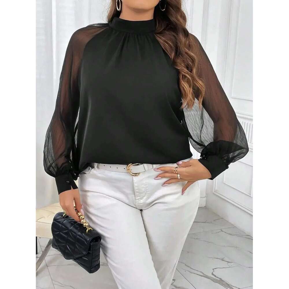 Plus Size 1Xl-5Xl Women's Elegant Solid Semi Sheer Mesh Raglan Sleeve Mock Neck Temperament Commuting Lantern Sleeved Blouse