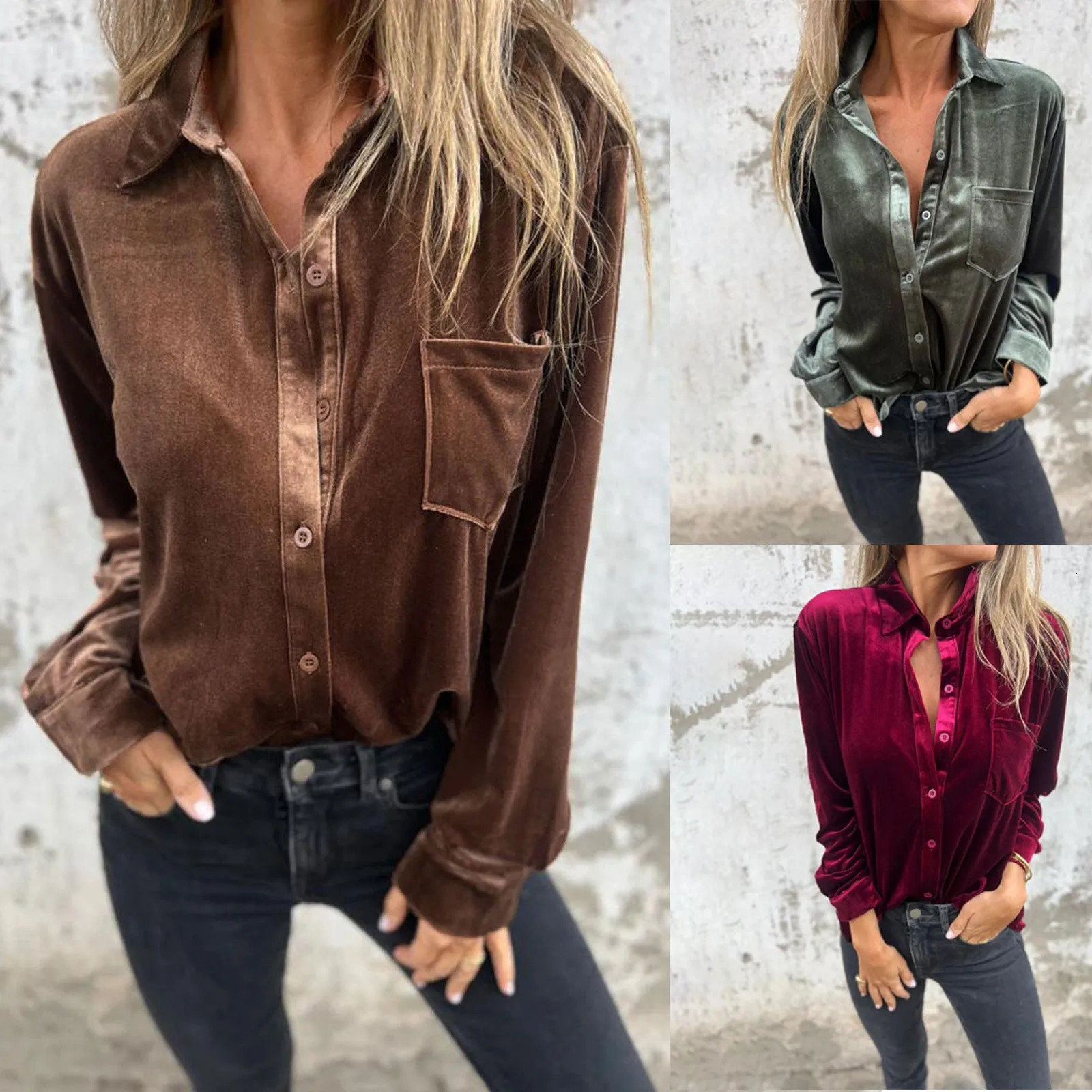 Autumn Vintage Velvet Blouses For Women Y2k Style Button Down Shirts Solid Color Streetwear Blouse Long Sleeve Loose Fit 250219